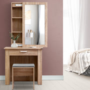 Mirrored Dressing Table and Stool Set with Sliding Mirror Vanity Makeup Desk Organizer - Oak - Homecoze