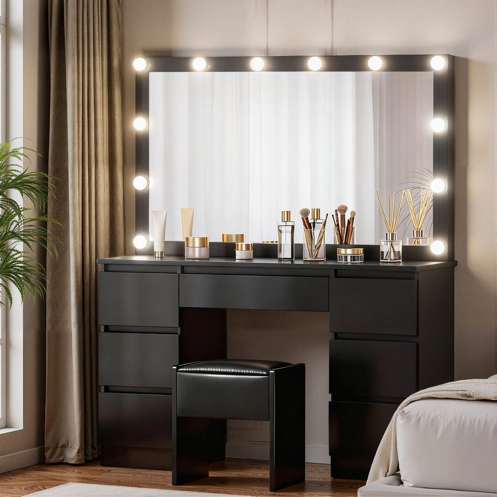 Dressing Table Vanity Set with 12 LED Bulb Mirror - Black - Homecoze