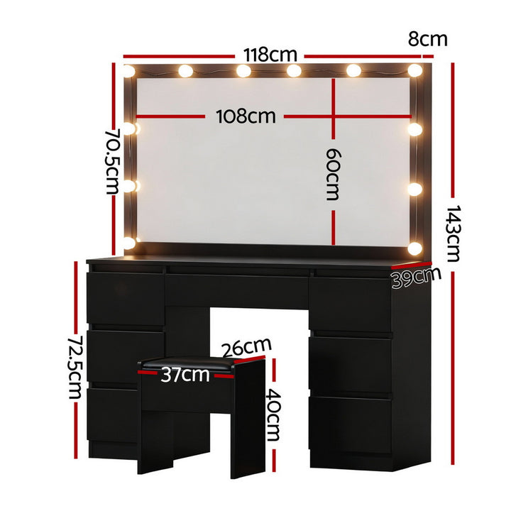 Dressing Table Vanity Set with 12 LED Bulb Mirror - Black