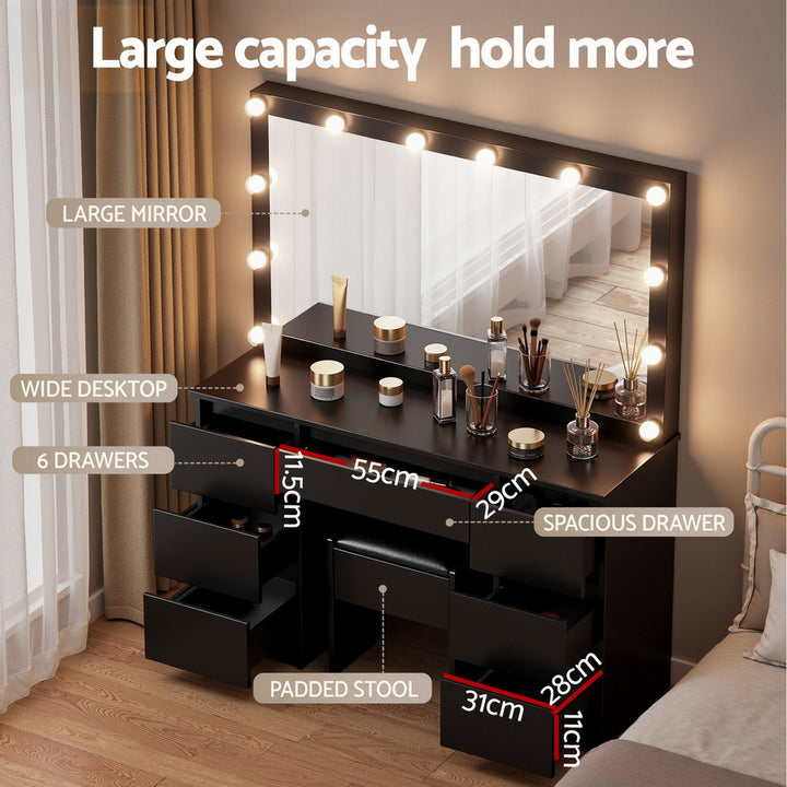 Dressing Table Vanity Set with 12 LED Bulb Mirror - Black