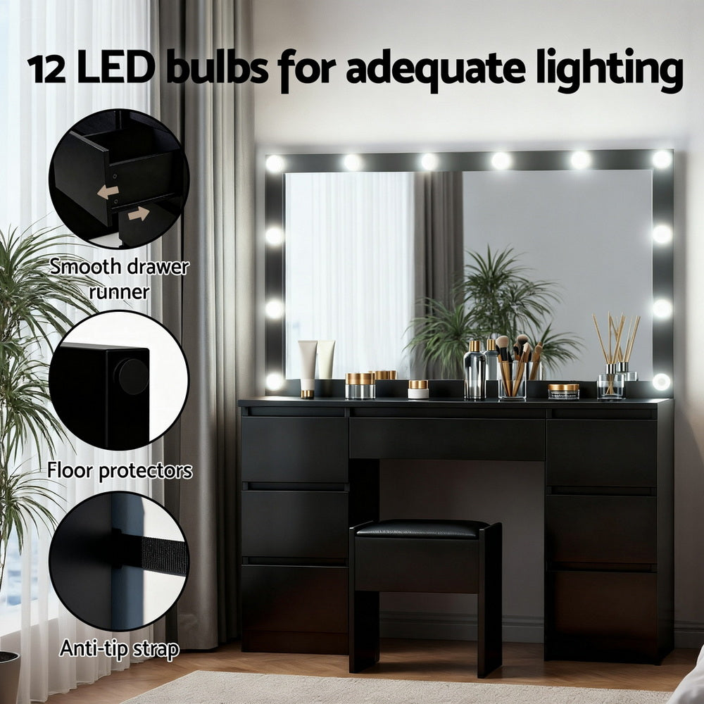 Dressing Table Vanity Set with 12 LED Bulb Mirror - Black - Homecoze