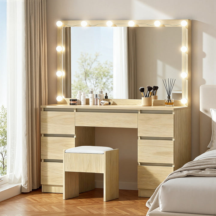 Dressing Table Vanity Set with 12 LED Bulb Mirror - Oak