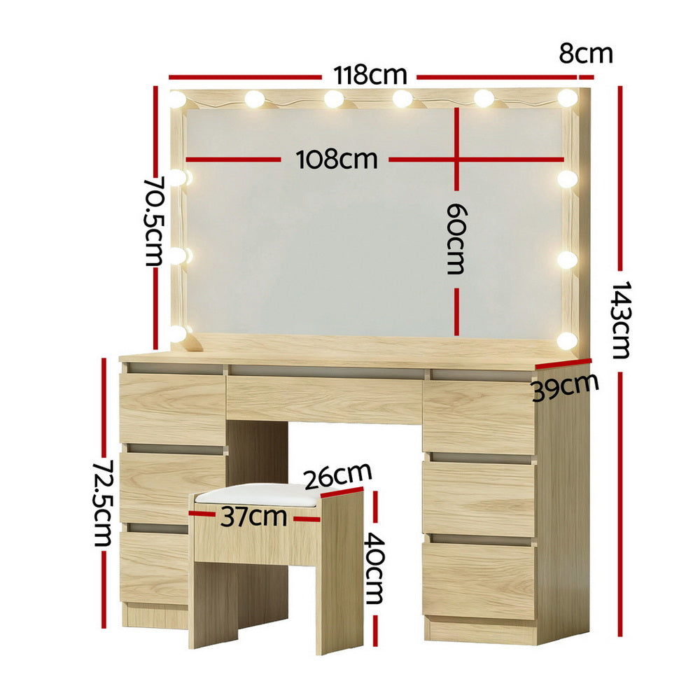 Dressing Table Vanity Set with 12 LED Bulb Mirror - Oak