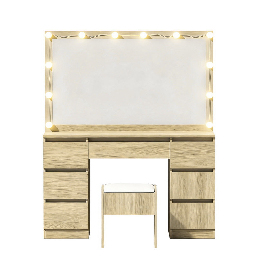 Dressing Table Vanity Set with 12 LED Bulb Mirror - Oak - Homecoze
