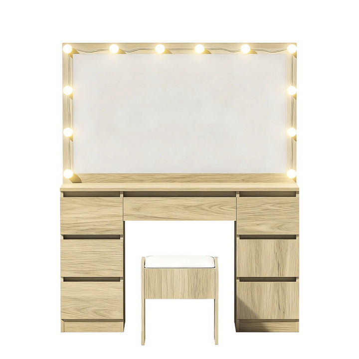 Dressing Table Vanity Set with 12 LED Bulb Mirror - Oak