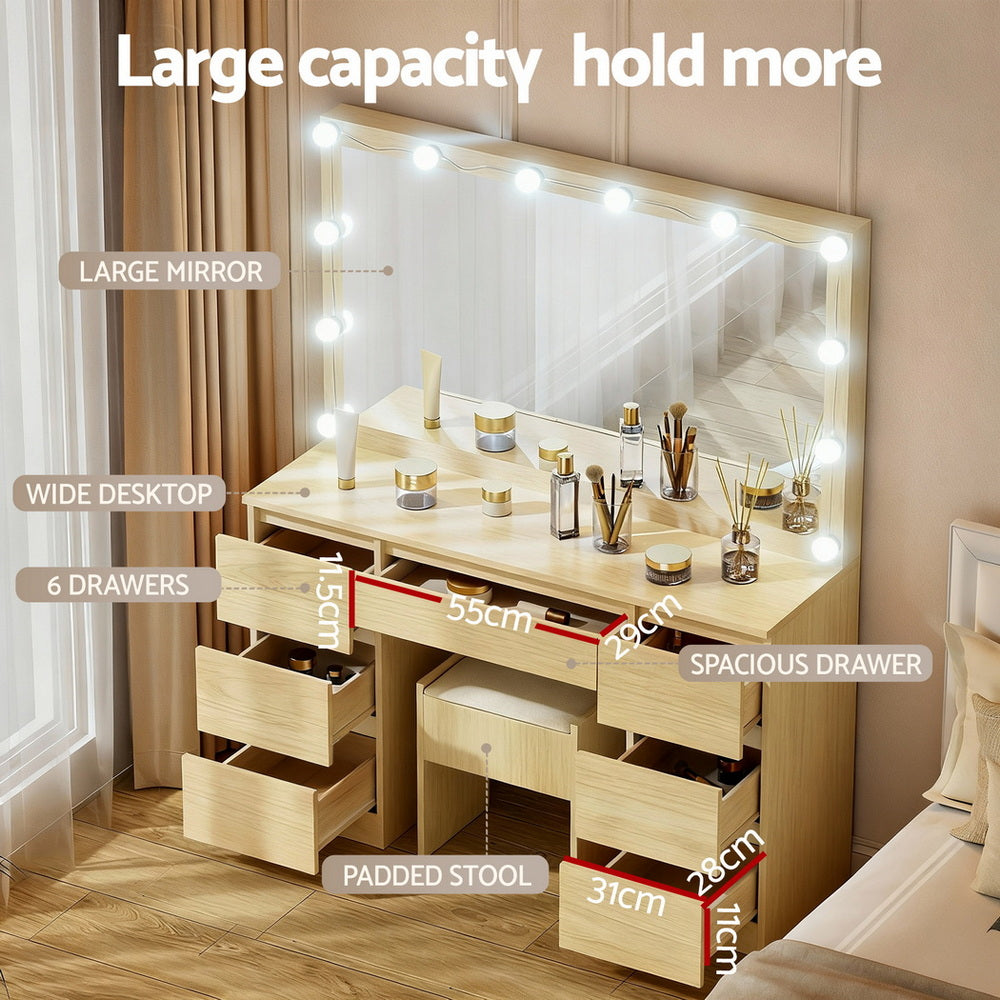 Dressing Table Vanity Set with 12 LED Bulb Mirror - Oak