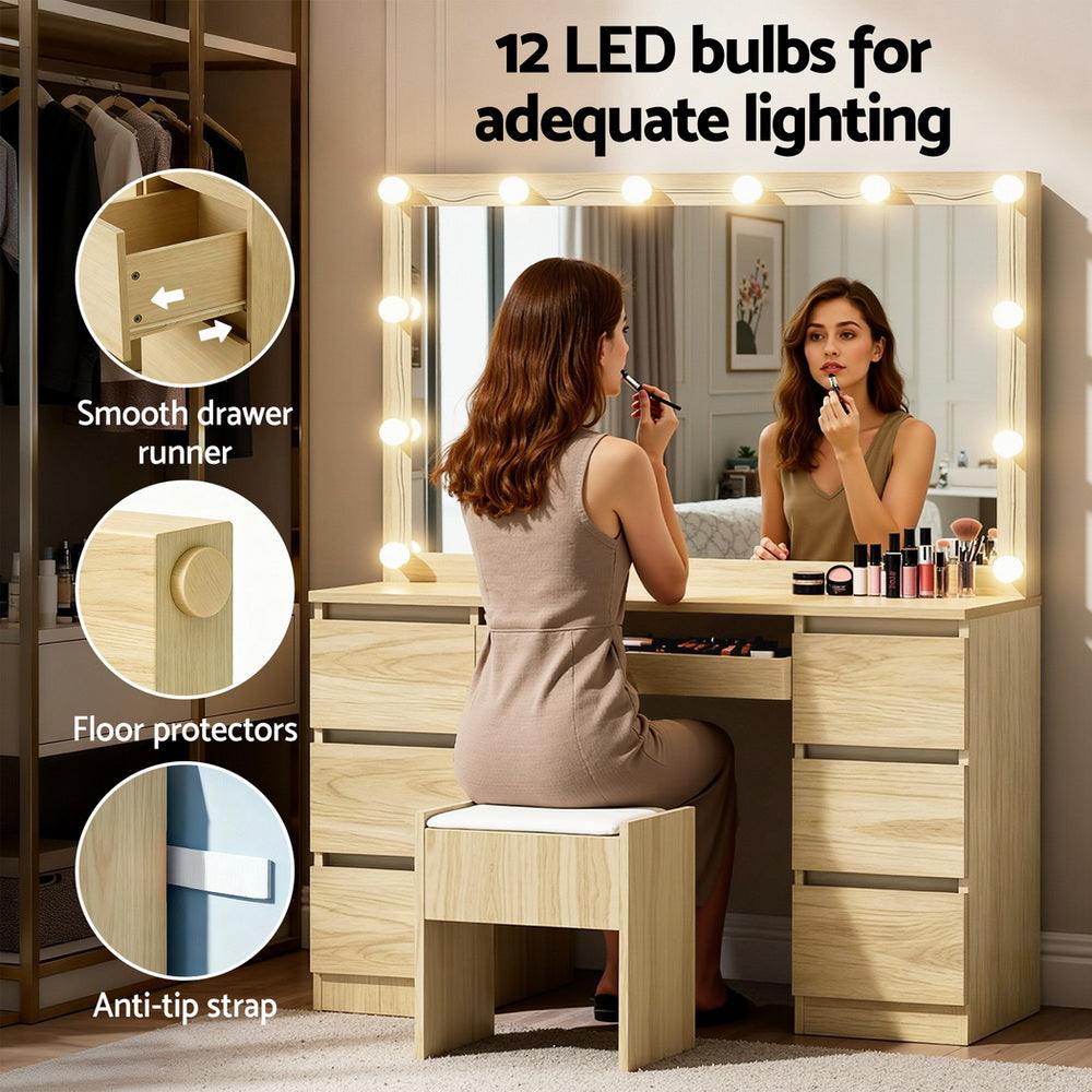 Dressing Table Vanity Set with 12 LED Bulb Mirror - Oak
