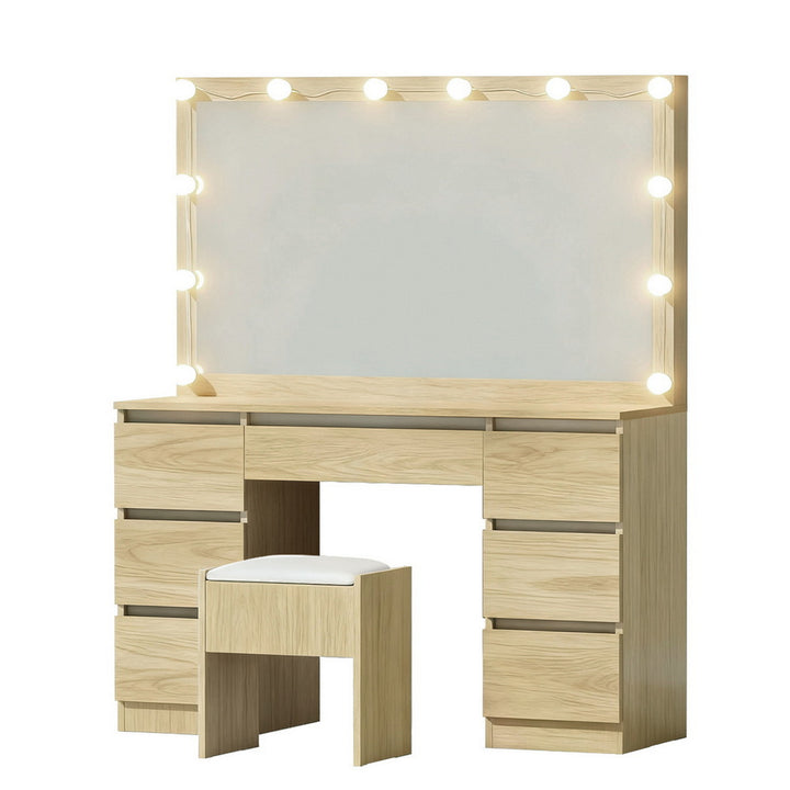 Dressing Table Vanity Set with 12 LED Bulb Mirror - Oak