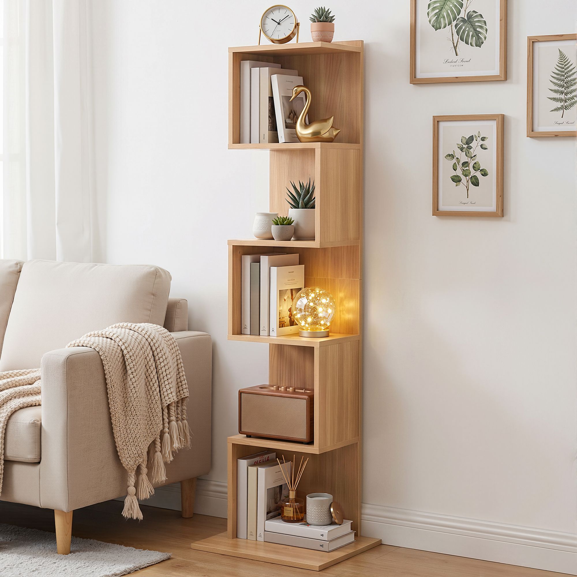 Artiss 5 Tiers Bookshelf S-shaped Bookcase Oak - Homecoze