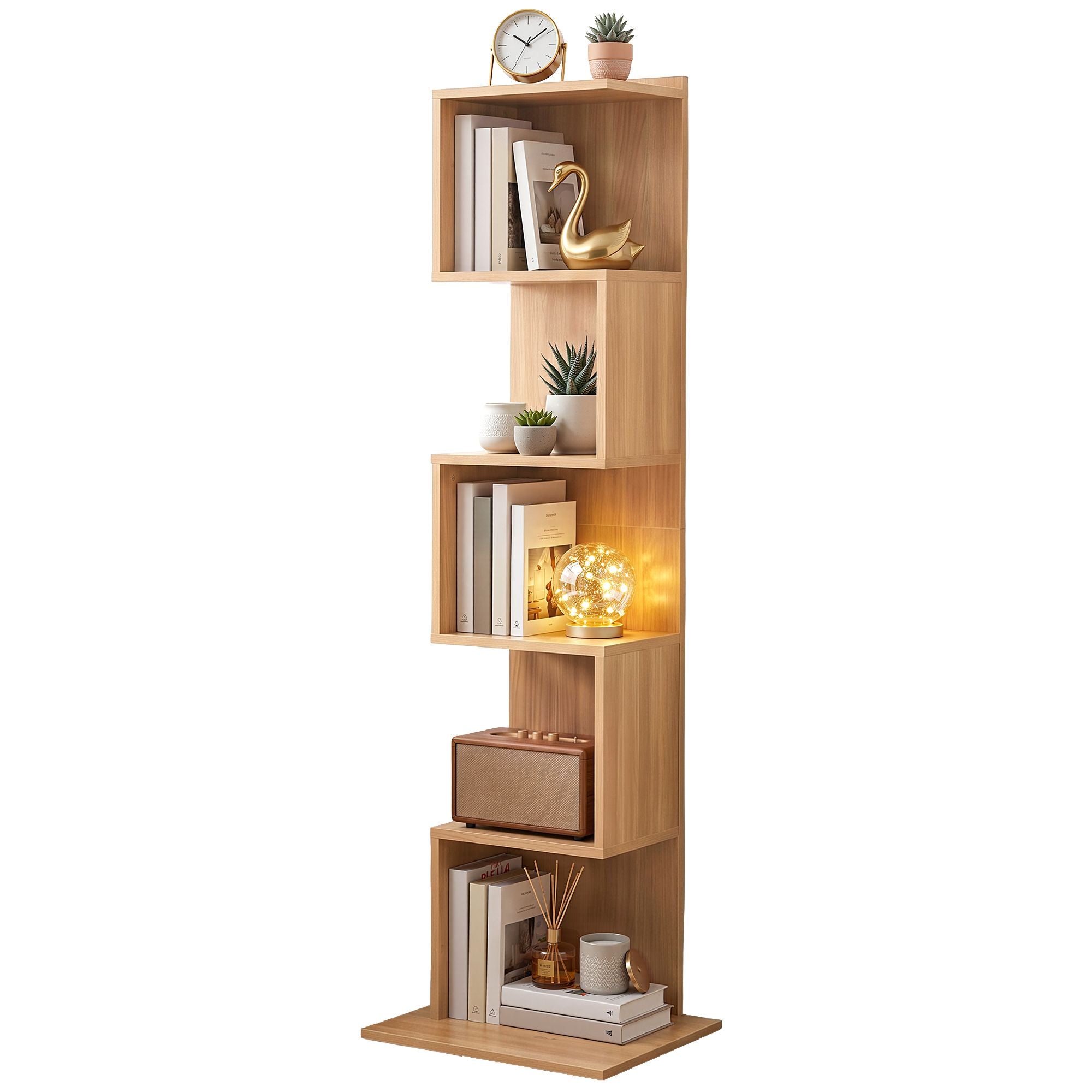 Artiss 5 Tiers Bookshelf S-shaped Bookcase Oak - Homecoze