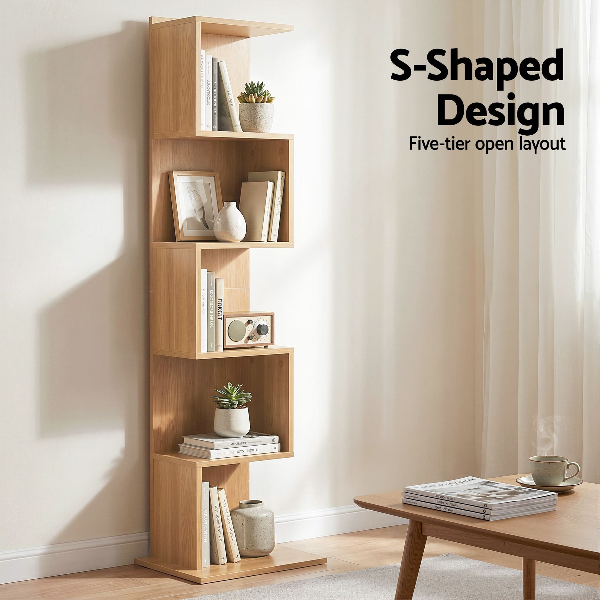 Artiss 5 Tiers Bookshelf S-shaped Bookcase Oak - Homecoze