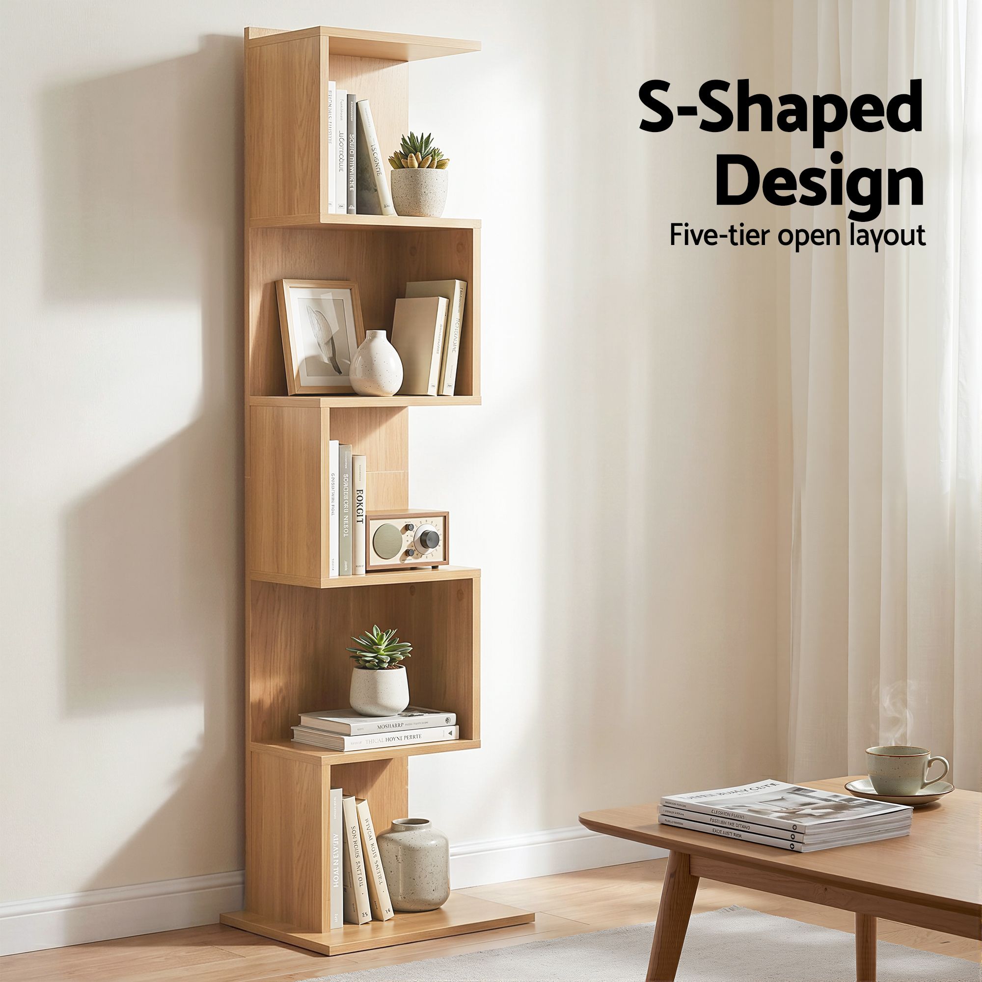 Artiss 5 Tiers Bookshelf S-shaped Bookcase Oak - Homecoze