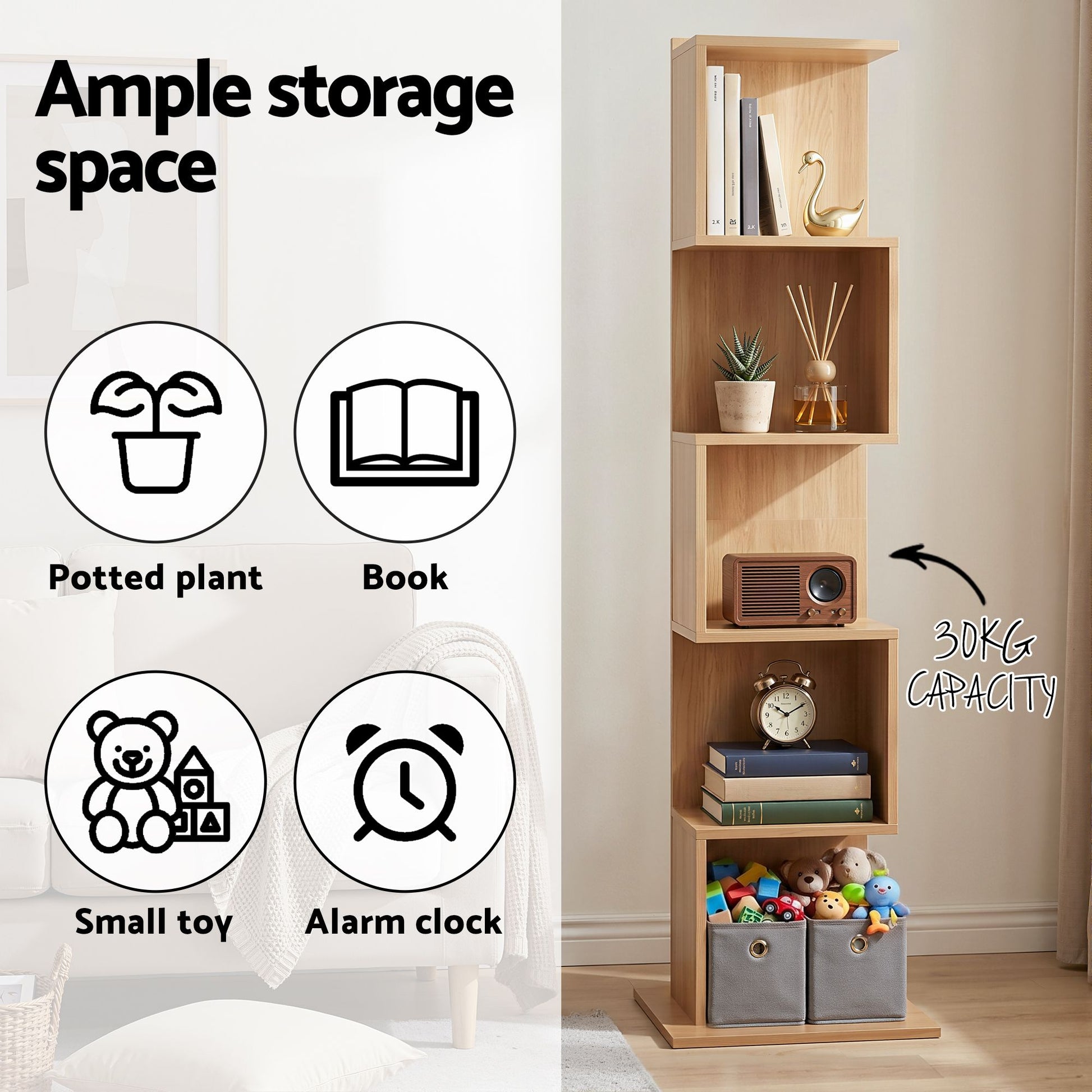 Artiss 5 Tiers Bookshelf S-shaped Bookcase Oak - Homecoze