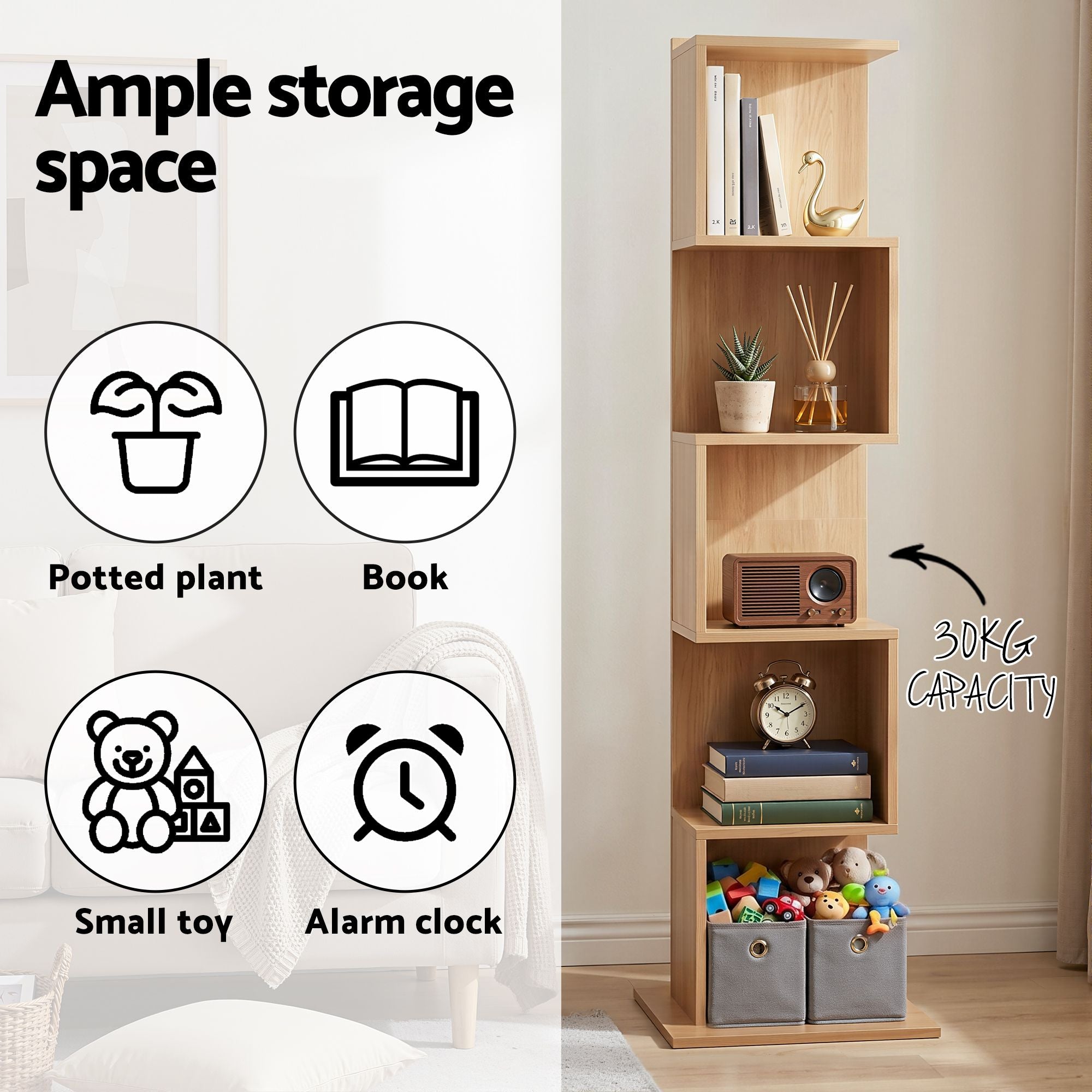 Artiss 5 Tiers Bookshelf S-shaped Bookcase Oak - Homecoze