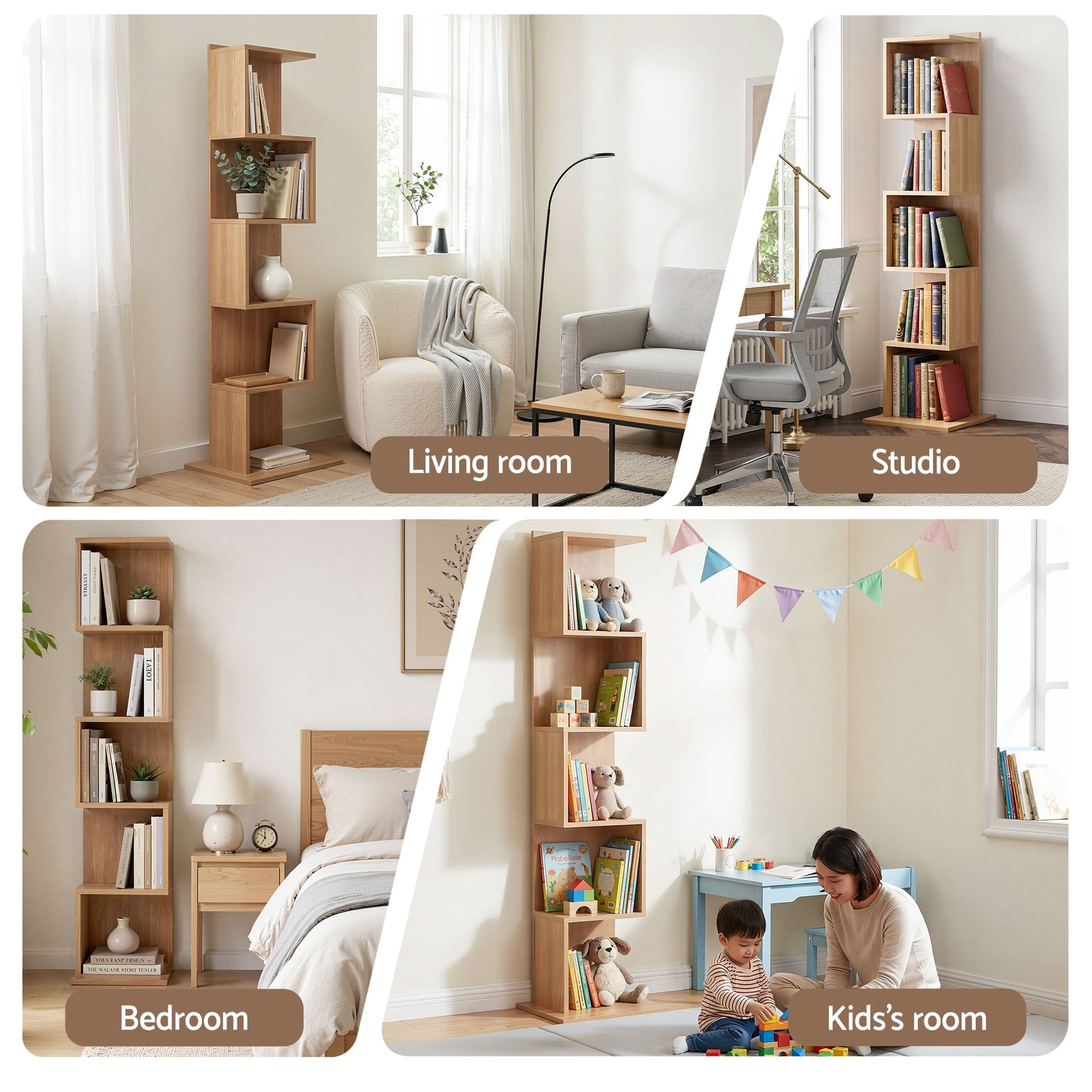Artiss 5 Tiers Bookshelf S-shaped Bookcase Oak - Homecoze