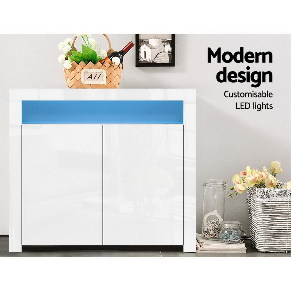 High Gloss Buffet Sideboard Cabinet with LED Light - White - Homecoze