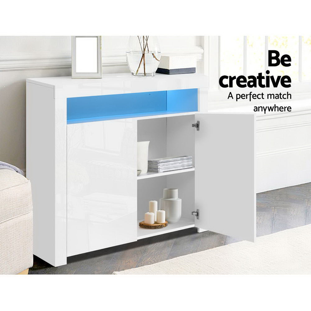 High Gloss Buffet Sideboard Cabinet with LED Light - White - Homecoze