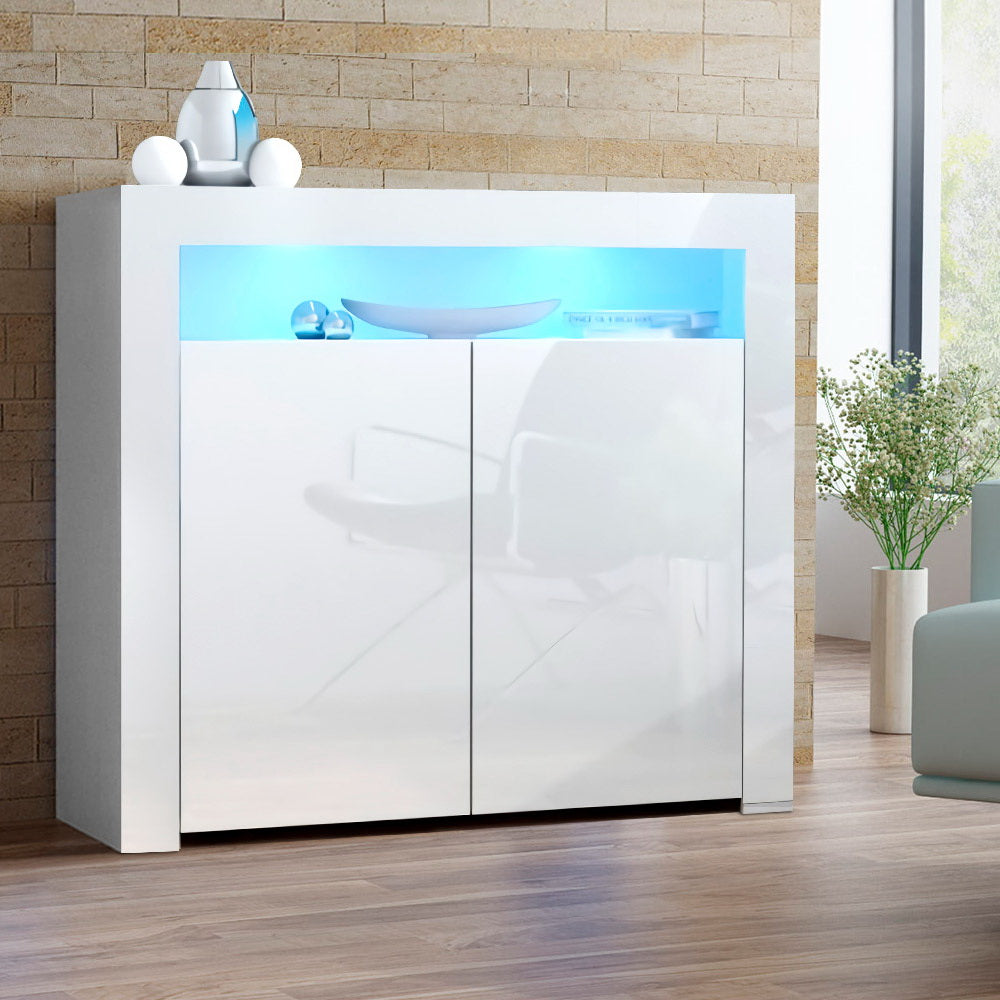 High Gloss Buffet Sideboard Cabinet with LED Light - White - Homecoze