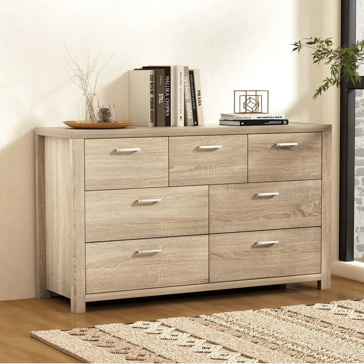 7 Drawer Modern Lowboy Dresser Chest of Drawers - Oak - Homecoze