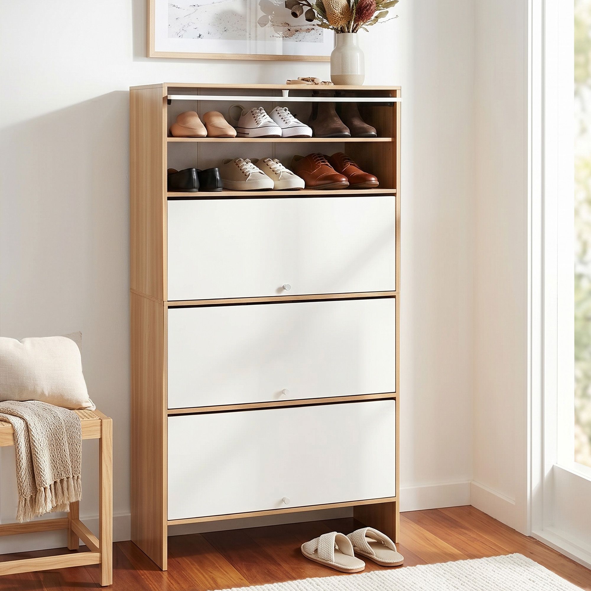 Slimline Shoe Cabinet with Adjustable Shelves – White & Pine