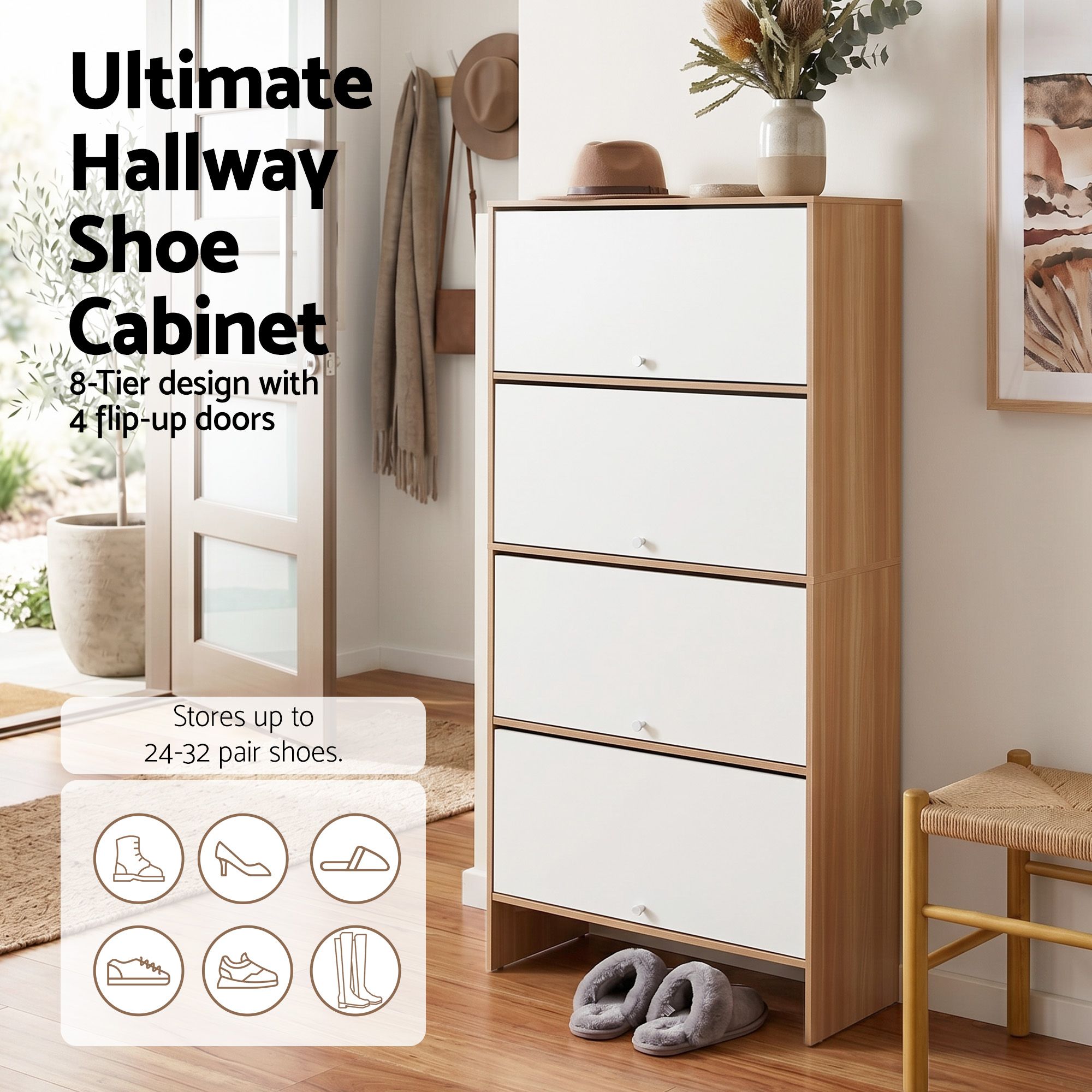 Slimline Shoe Cabinet with Adjustable Shelves – White & Pine