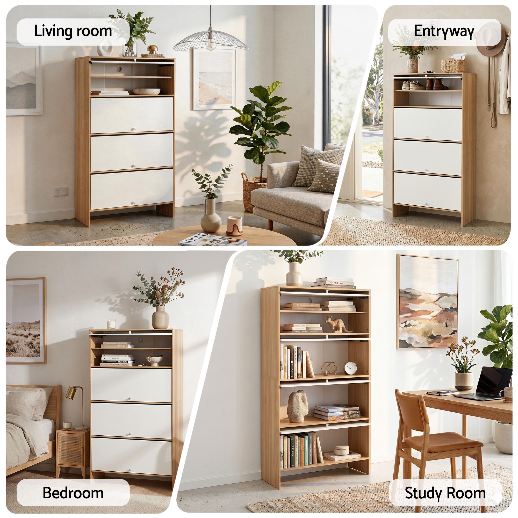 Slimline Shoe Cabinet with Adjustable Shelves – White & Pine