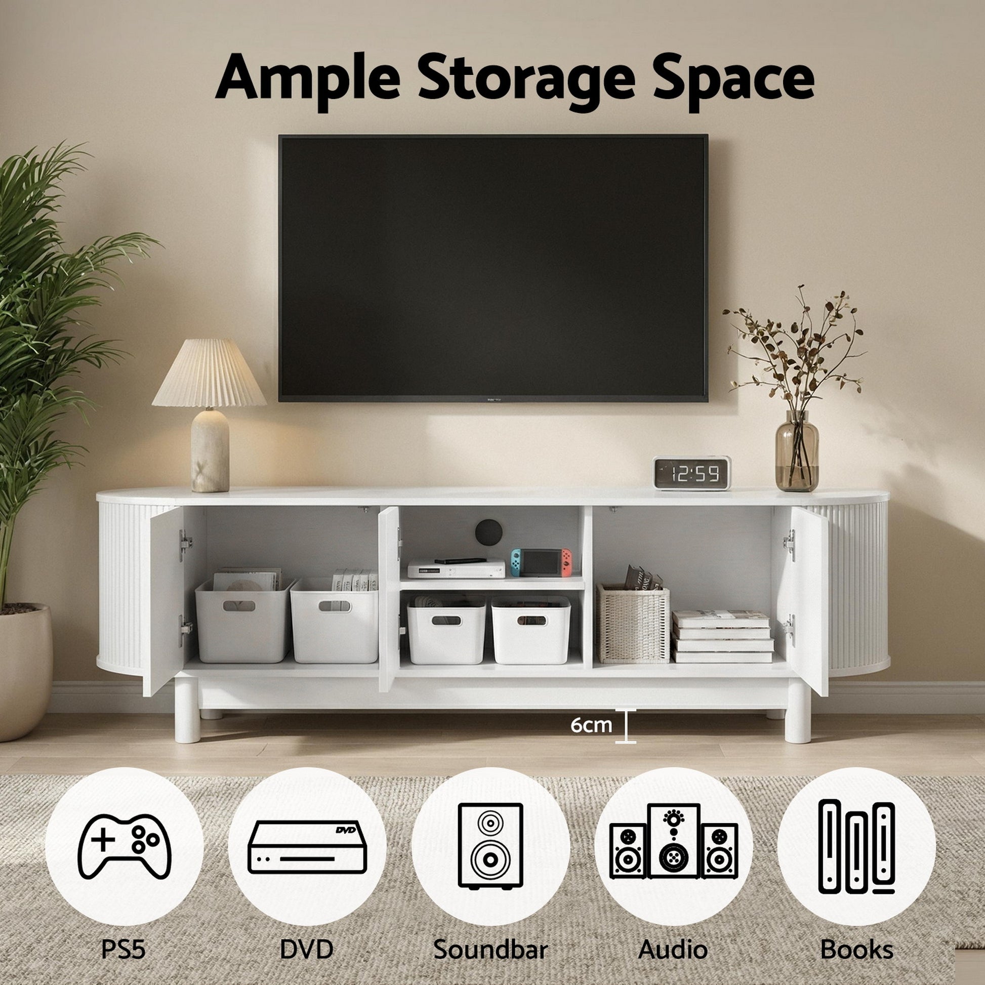 Modern Fluted Entertainment Unit 160cm - White - Homecoze