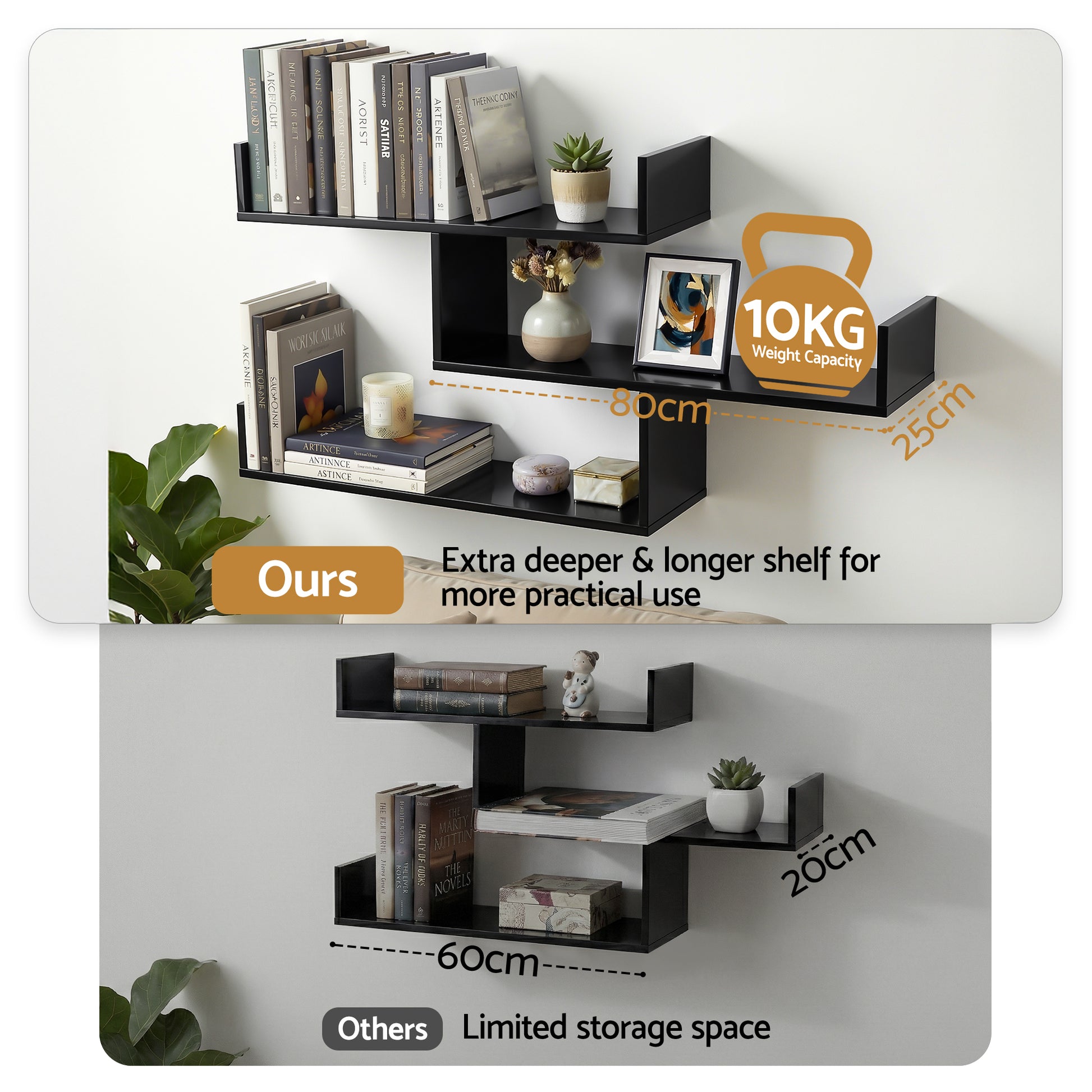 Artiss Floating Wall Shelf 3 Tier Black - Homecoze
