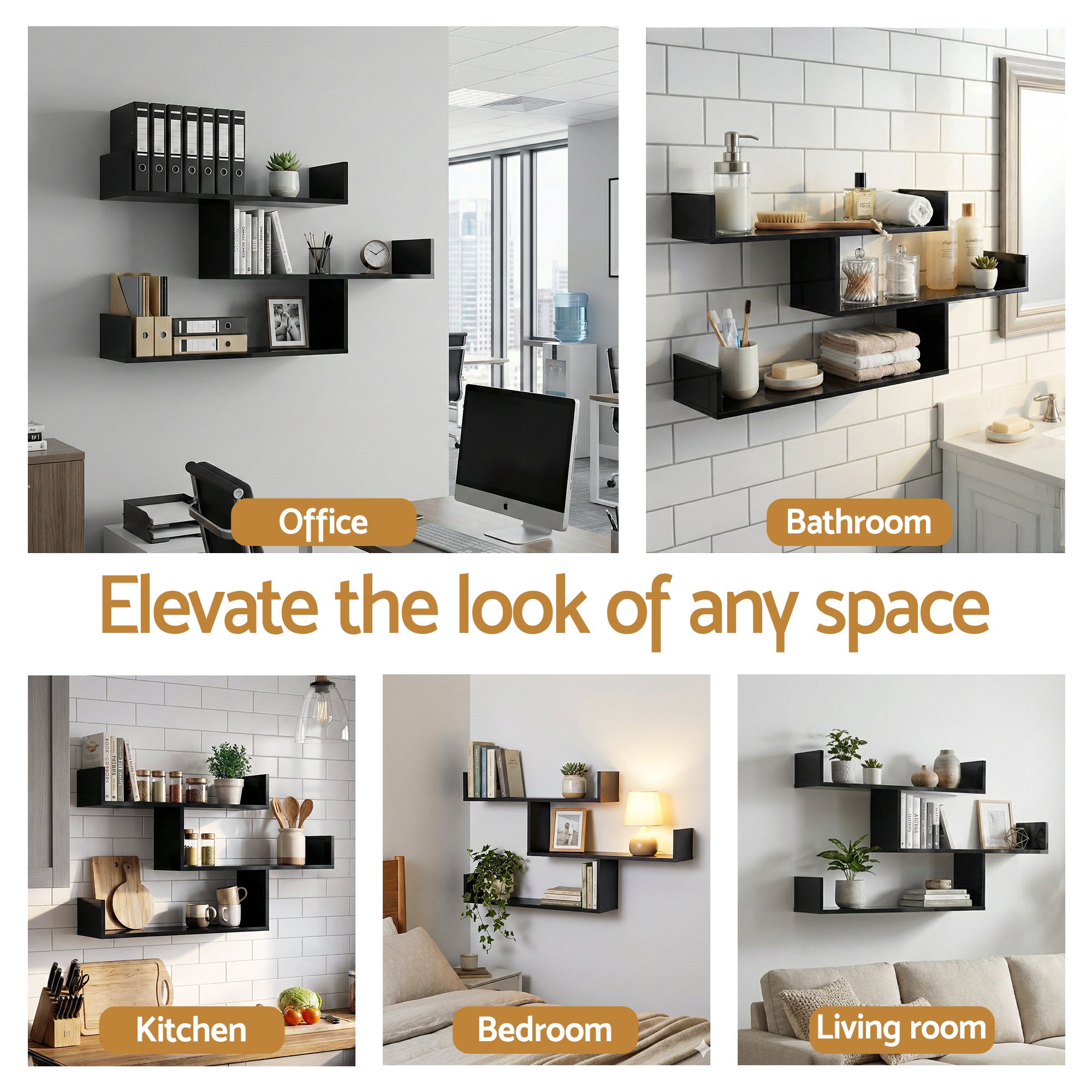 Artiss Floating Wall Shelf 3 Tier Black - Homecoze