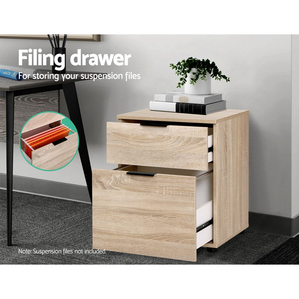 Filing Cabinet 2 Drawer Office Storage Organiser - Oak - Homecoze