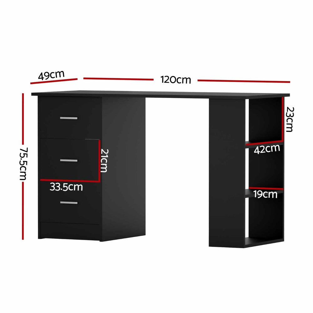 Office Computer Desk Workstation with Shelf & 3 Drawers 120cm Black - Homecoze