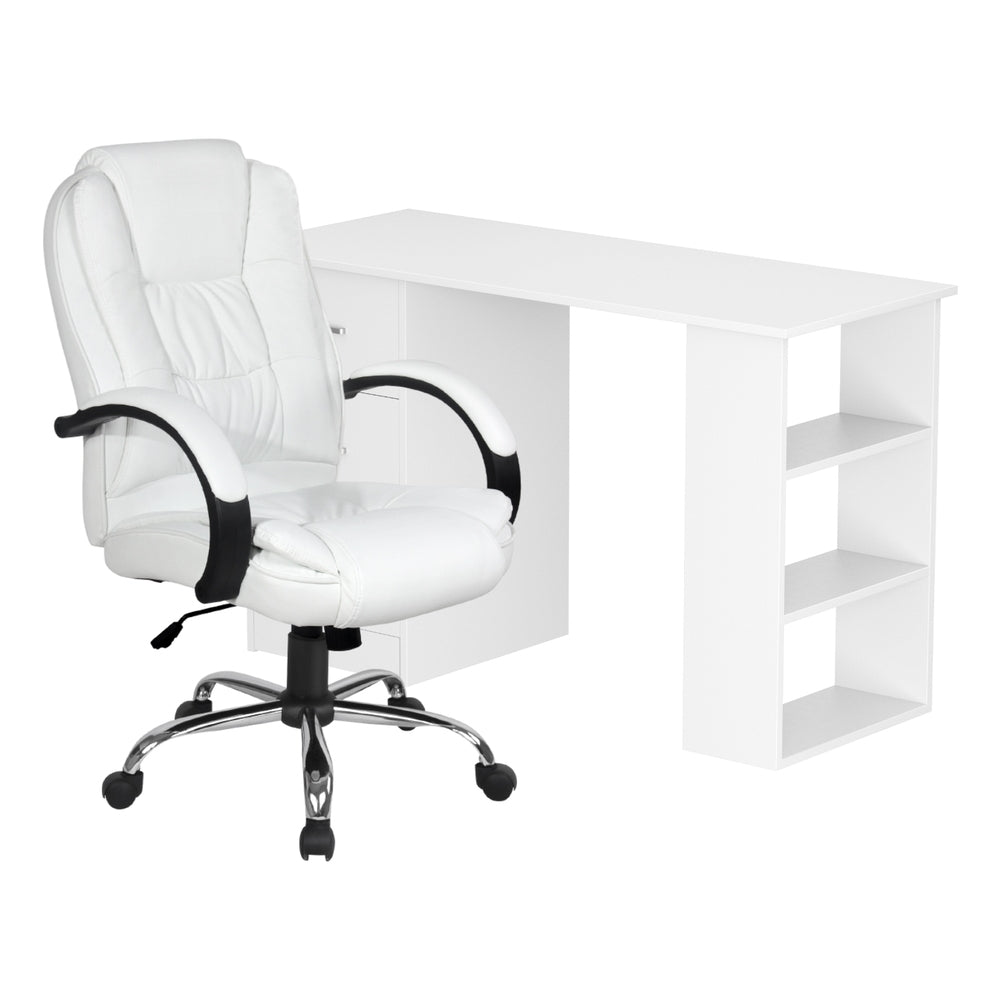 Artiss Computer Desk 120cm Executive Office Chair Set PU Leather High Back White - Homecoze