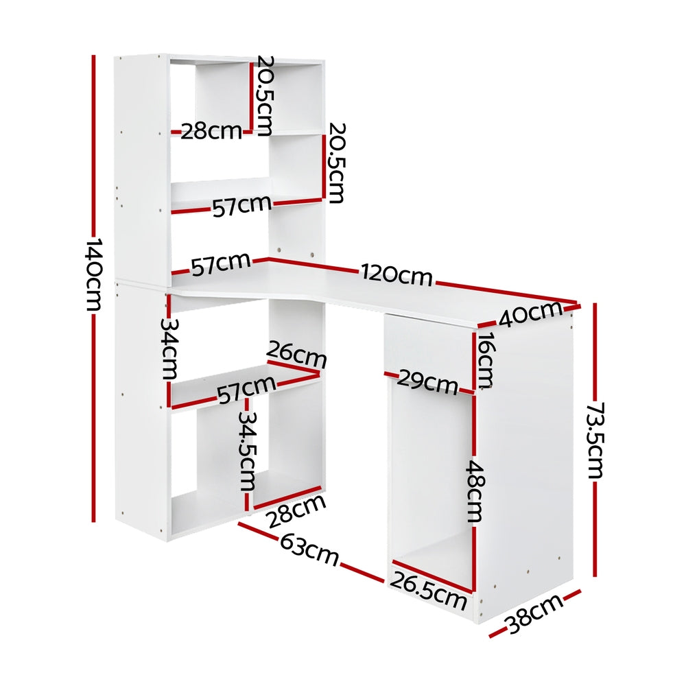 Computer Study Desk with Side Shelf - White - Homecoze