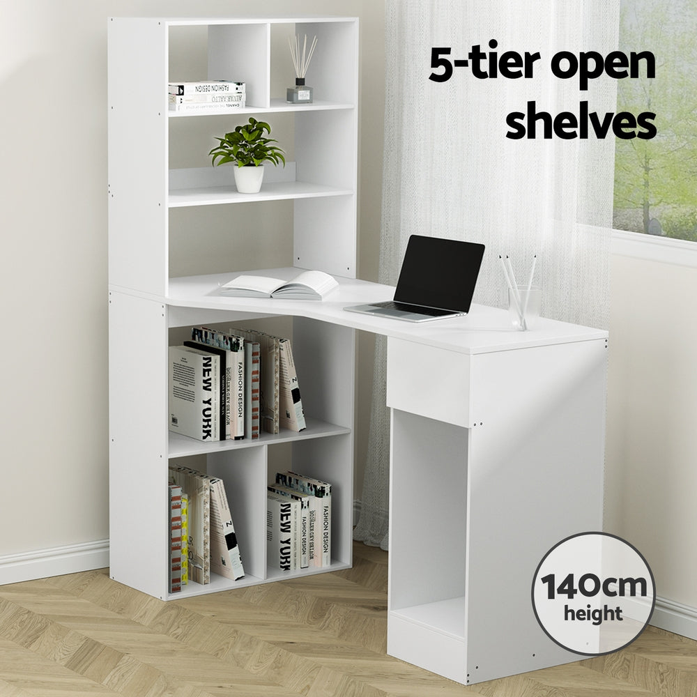 Computer Study Desk with Side Shelf - White - Homecoze