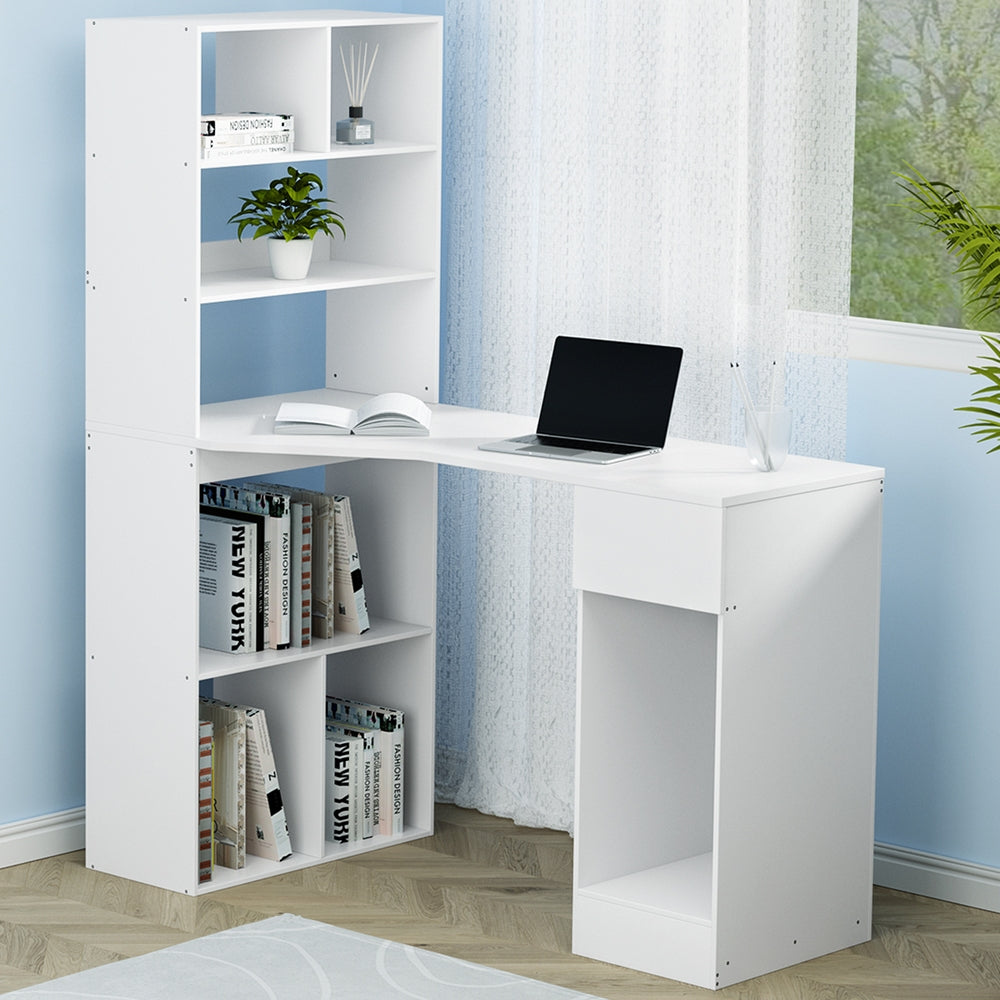 Computer Study Desk with Side Shelf - White - Homecoze