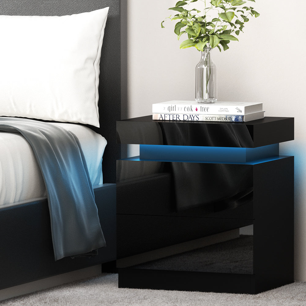 High Gloss Bedside Table with Inbuilt RGB LED Light - Gloss Black - Homecoze