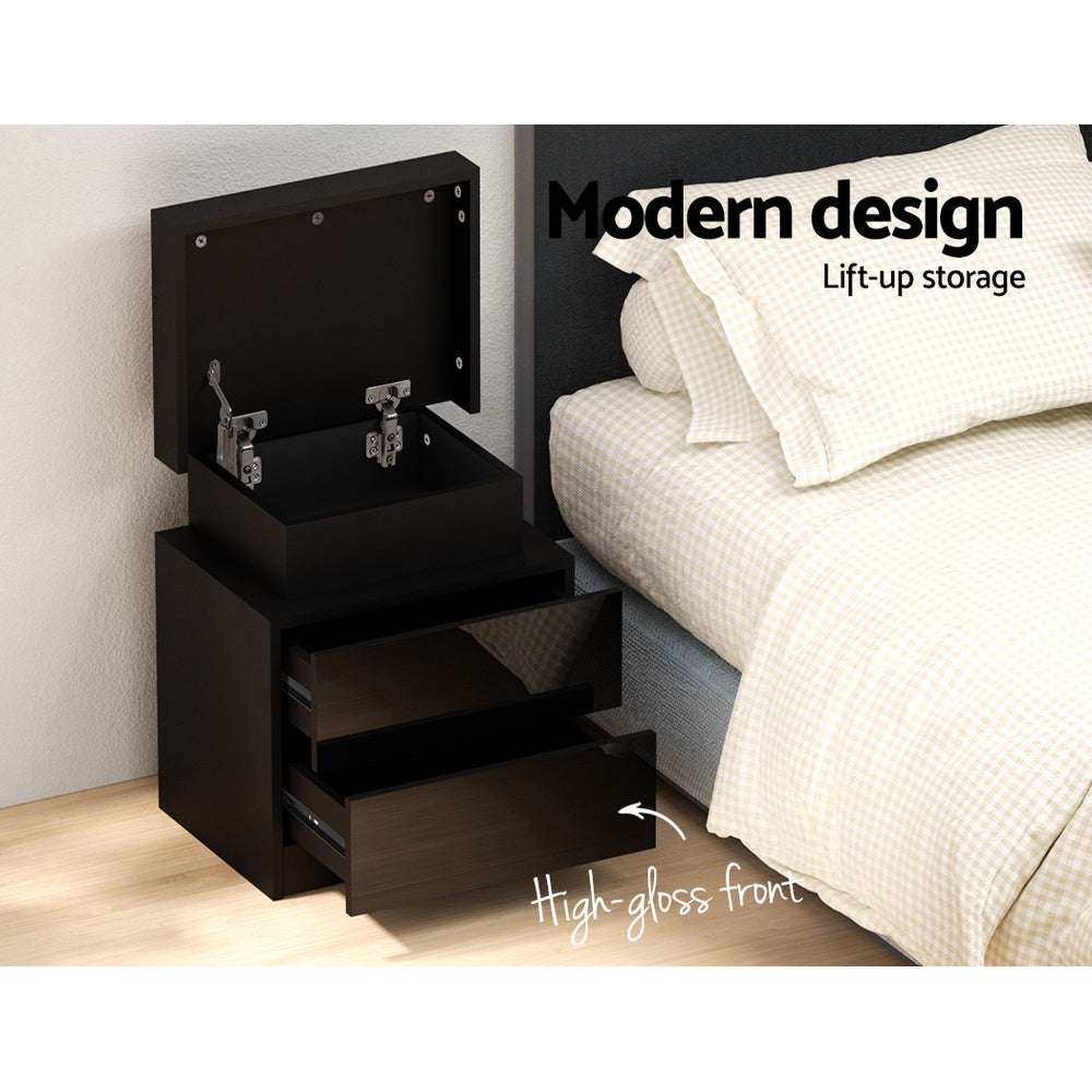 High Gloss Bedside Table with Inbuilt RGB LED Light - Gloss Black - Homecoze
