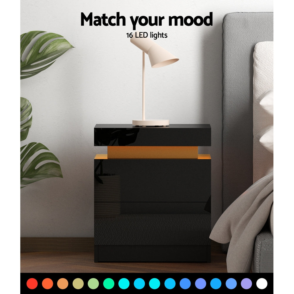 High Gloss Bedside Table with Inbuilt RGB LED Light - Gloss Black - Homecoze