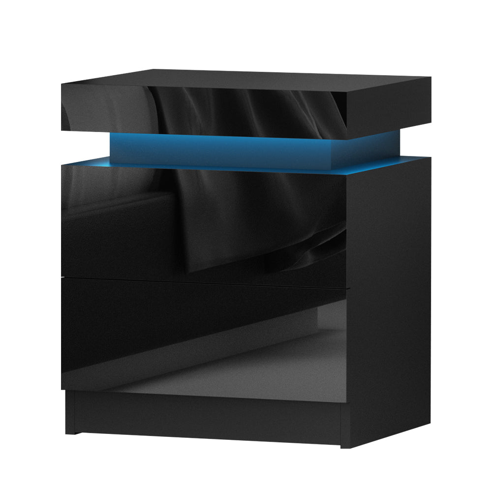 High Gloss Bedside Table with Inbuilt RGB LED Light - Gloss Black - Homecoze