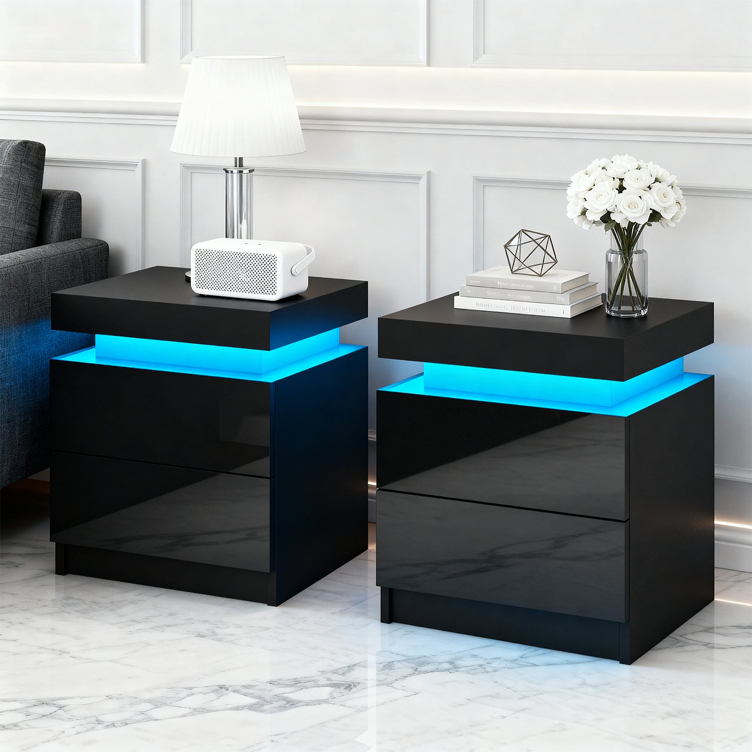 Artiss 2X Bedside Table LED 2 Drawers Lift-up Storage - COLEY Black - Homecoze