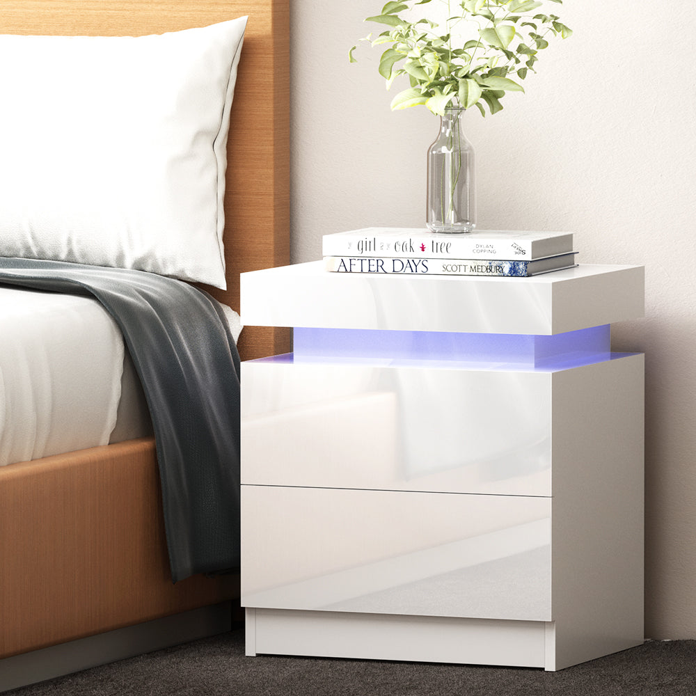 High Gloss Bedside Table with Inbuilt RGB LED Light - Gloss White - Homecoze
