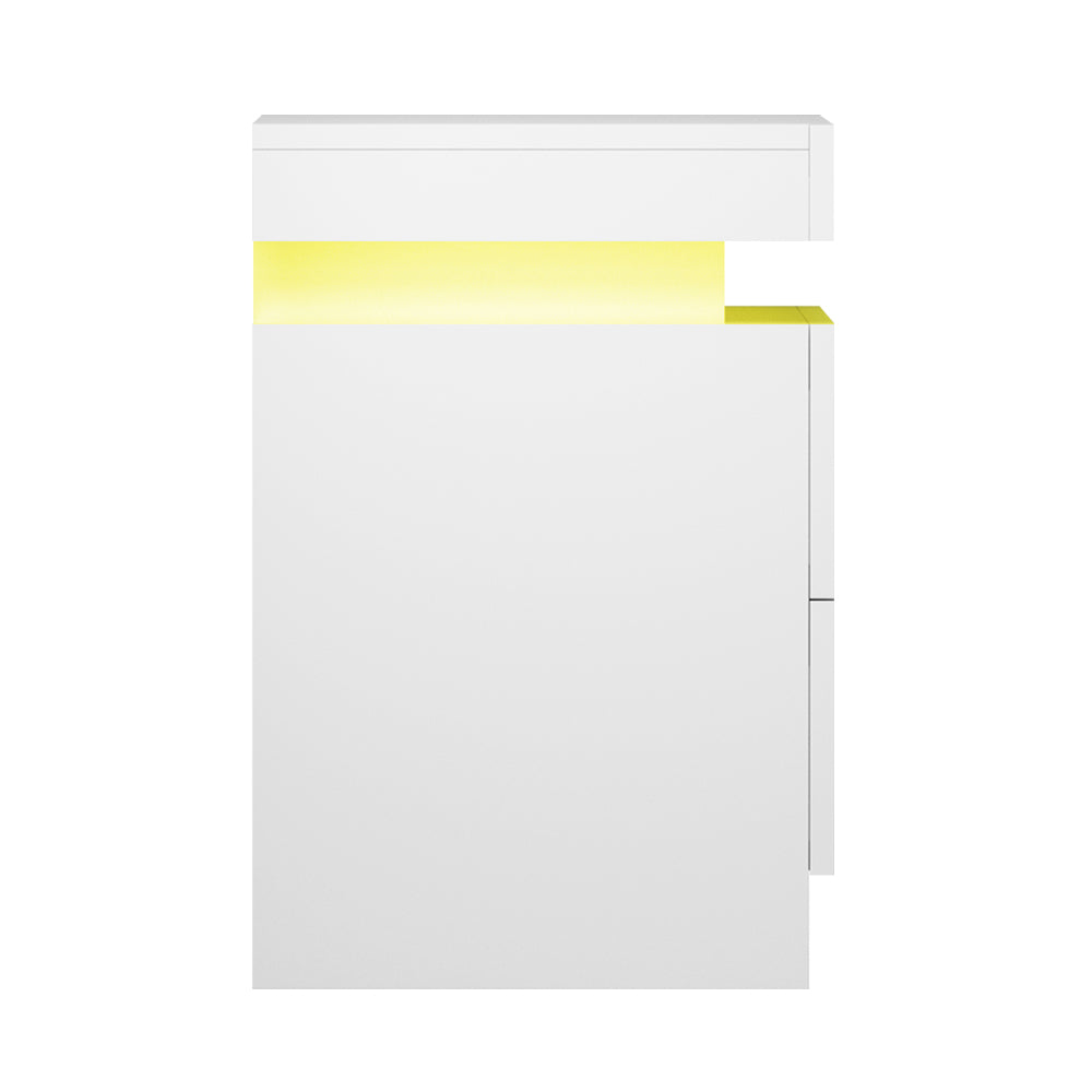 High Gloss Bedside Table with Inbuilt RGB LED Light - Gloss White - Homecoze