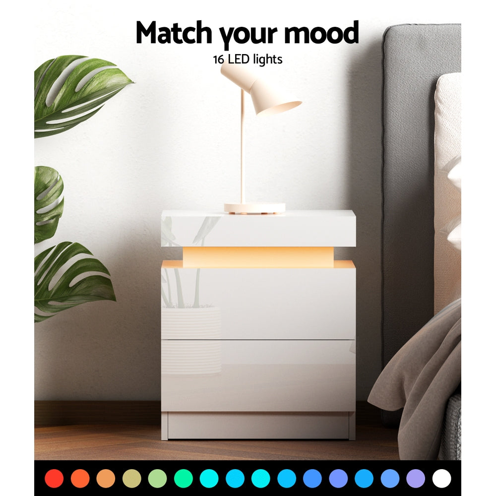 High Gloss Bedside Table with Inbuilt RGB LED Light - Gloss White - Homecoze