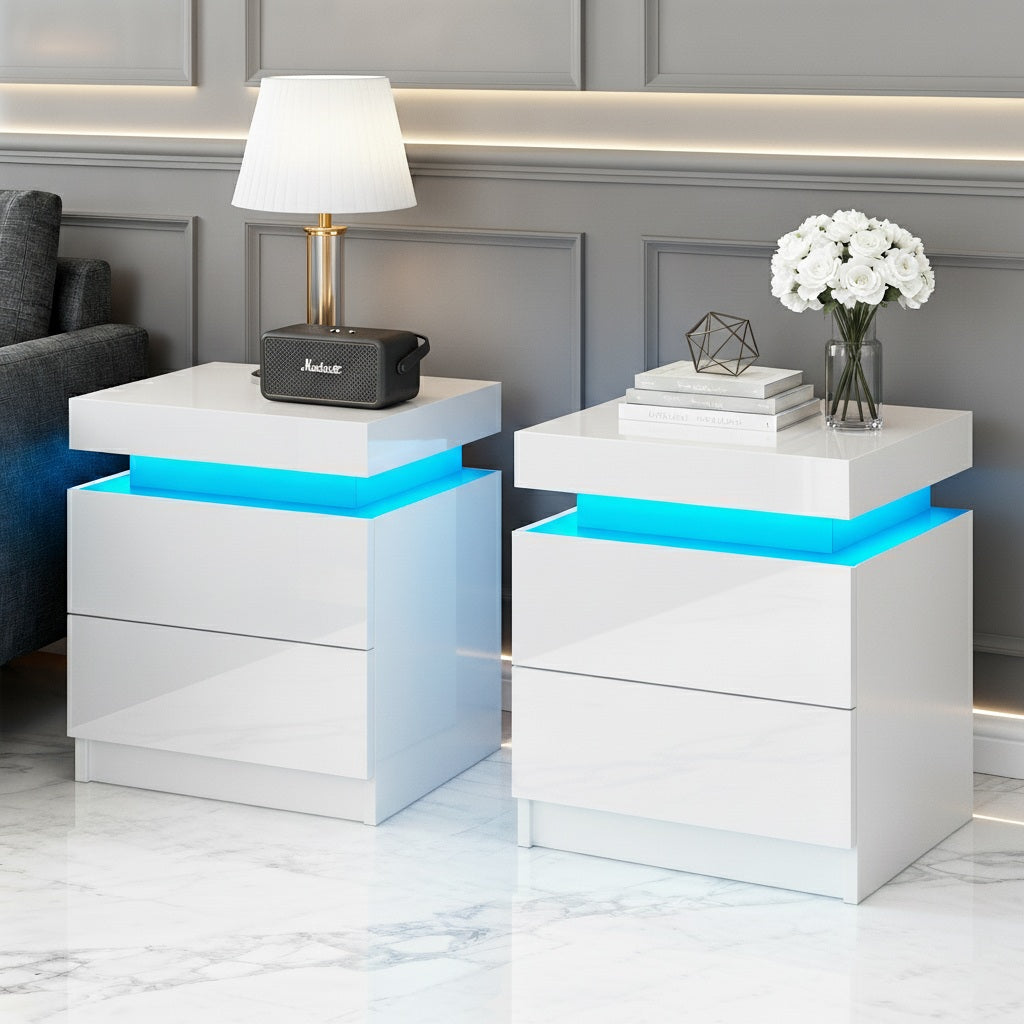 Artiss 2X Bedside Table LED 2 Drawers Lift-up Storage - COLEY White - Homecoze