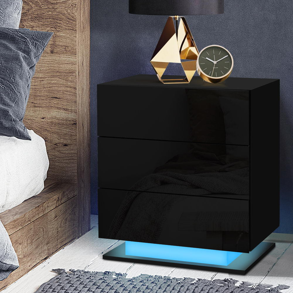 Bedside Tables Side Table RGB LED Lamp 3 Drawers Nightstand Gloss Black - Homecoze