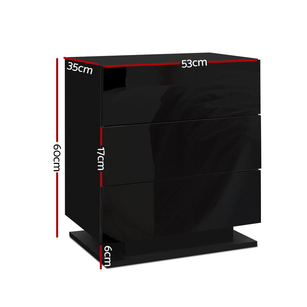 Bedside Tables Side Table RGB LED Lamp 3 Drawers Nightstand Gloss Black - Homecoze