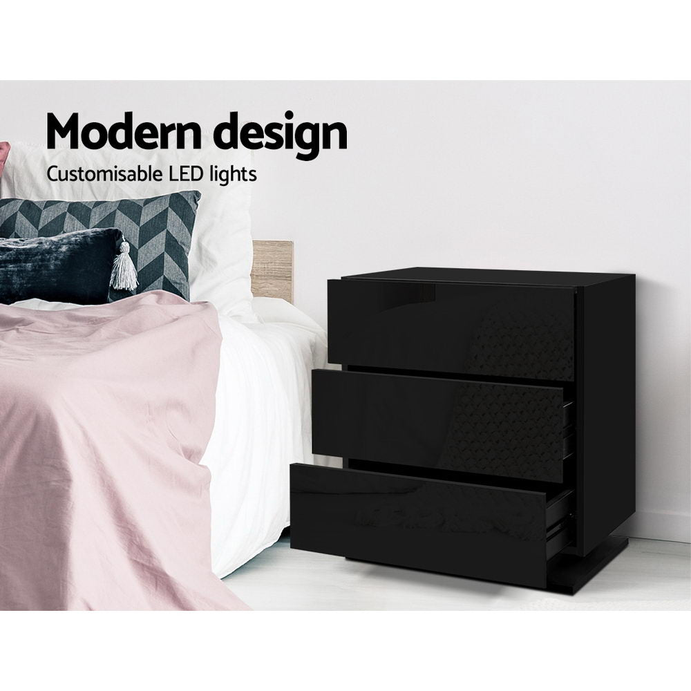 Bedside Tables Side Table RGB LED Lamp 3 Drawers Nightstand Gloss Black - Homecoze