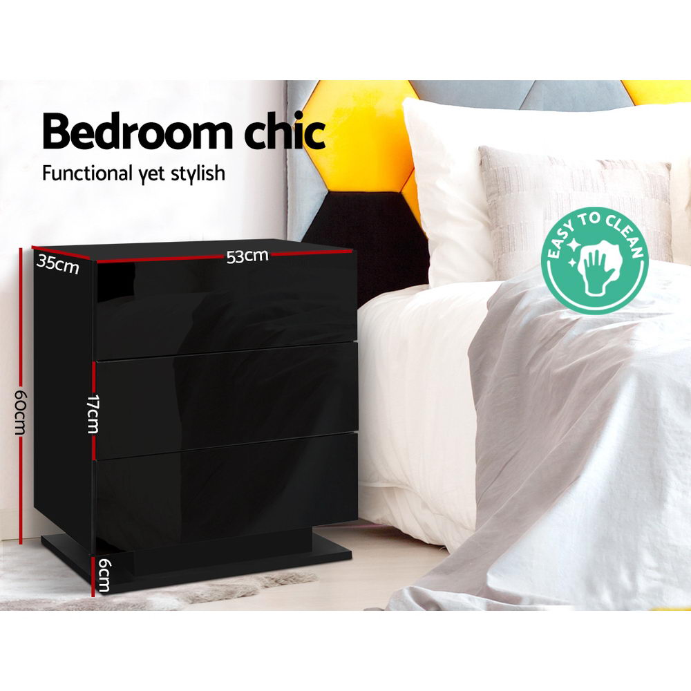 Bedside Tables Side Table RGB LED Lamp 3 Drawers Nightstand Gloss Black - Homecoze