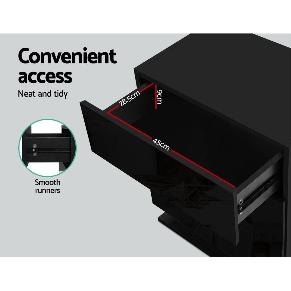 Bedside Tables Side Table RGB LED Lamp 3 Drawers Nightstand Gloss Black - Homecoze