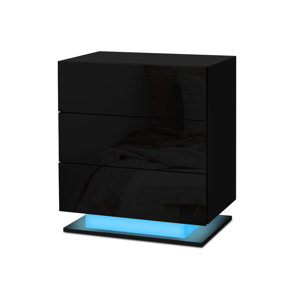 Bedside Tables Side Table RGB LED Lamp 3 Drawers Nightstand Gloss Black - Homecoze